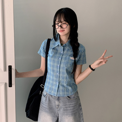シャツ チェックセミクロップ半袖シャツ BLUE