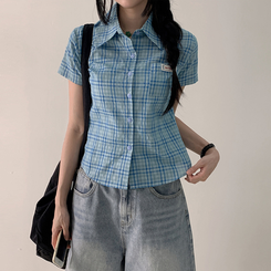 シャツ チェックセミクロップ半袖シャツ BLUE