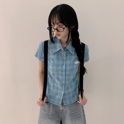 シャツ チェックセミクロップ半袖シャツ BLUE