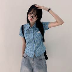 シャツ チェックセミクロップ半袖シャツ BLUE