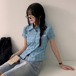 シャツ チェックセミクロップ半袖シャツ BLUE