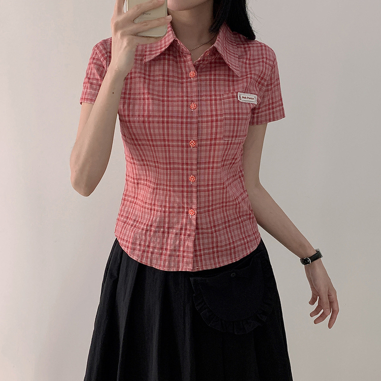 シャツ チェックセミクロップ半袖シャツ RED
