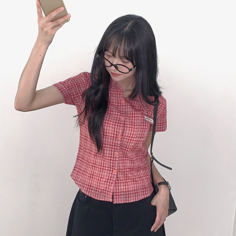 チェックセミクロップ半袖シャツ RED