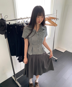 シャツ チェックカラーピンタックシャツ BLACK