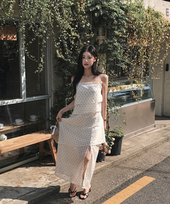 ロングワンピース リボンティアードスリットロングワンピース WHITE