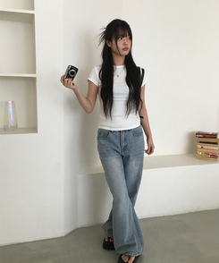 スリムラウンドコットン半袖Tシャツ IVORY