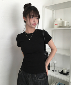 スリムラウンドコットン半袖Tシャツ BLACK
