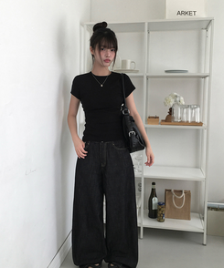 スリムラウンドコットン半袖Tシャツ BLACK
