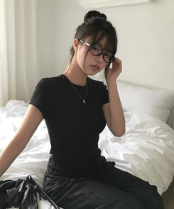 スリムラウンドコットン半袖Tシャツ BLACK