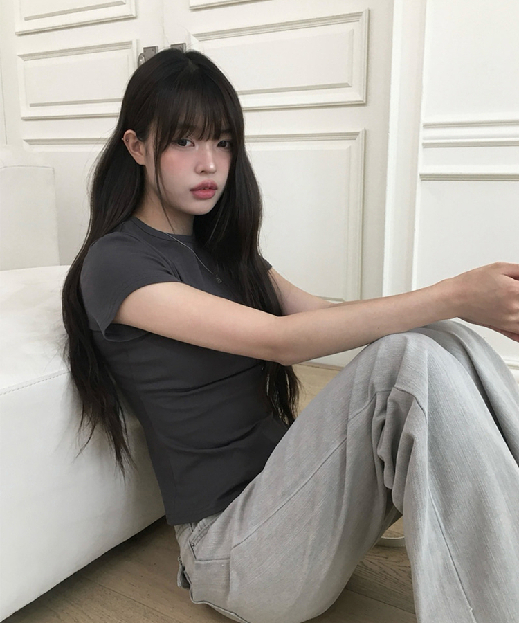 スリムラウンドコットン半袖Tシャツ CHARCOAL