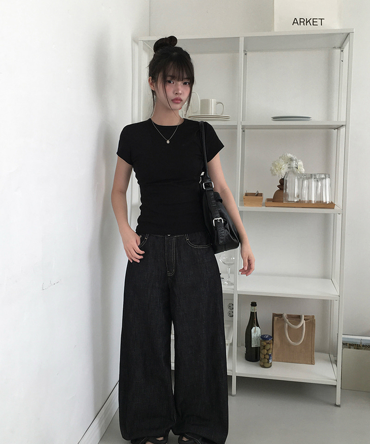 スリムラウンドコットン半袖Tシャツ BLACK