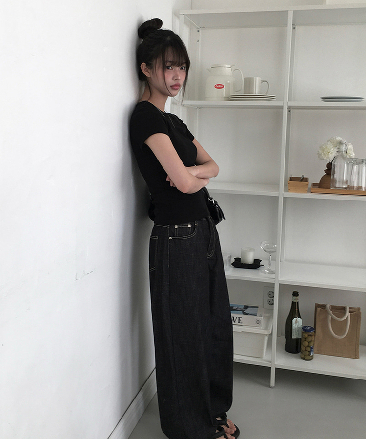 スリムラウンドコットン半袖Tシャツ BLACK