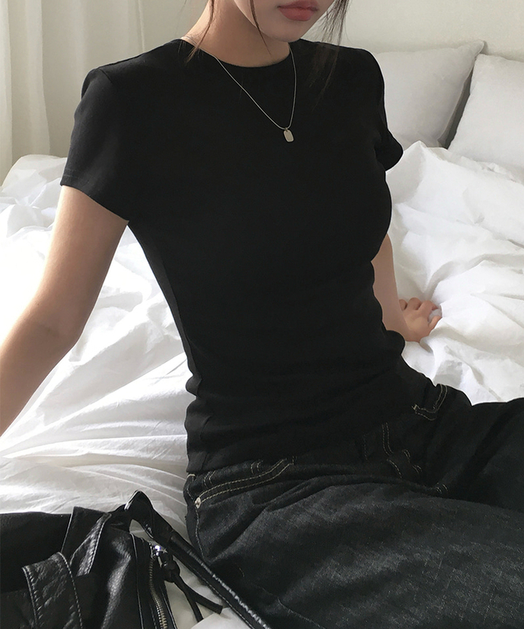 スリムラウンドコットン半袖Tシャツ BLACK