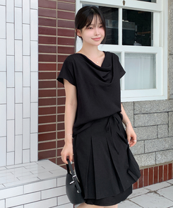 ミニスカート プリーツレイヤードミディスカート BLACK