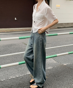 丈別パンツ 【丈別】コールドボタンワイドデニムパンツ ASH BLUE