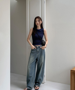 丈別パンツ 【丈別】コールドボタンワイドデニムパンツ ASH BLUE