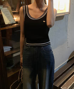 ニット バイカラークロップニットキャミソール BLACK