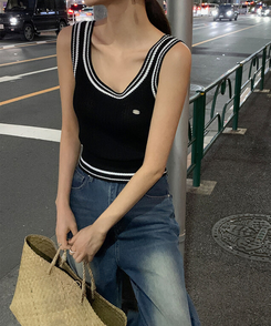 ニット バイカラークロップニットキャミソール BLACK