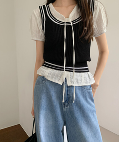 ニット バイカラークロップニットキャミソール BLACK
