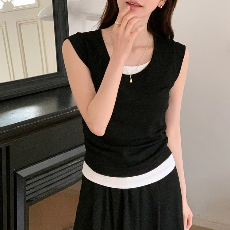 （レイヤード風/パンツ裏地付き/セットおすすめ）リベリン レイヤードシャーリングTシャツ＆ミニフレアゴムウエストスカート セットアップ BLACK