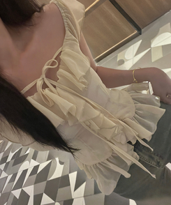 ブラウス フリルリボンバンディングブラウス BEIGE