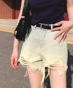 デニム 【ベルト付き】ウォッシングデニムショートパンツ BLUE