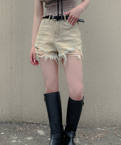 デニム 【ベルト付き】ウォッシングデニムショートパンツ BEIGE