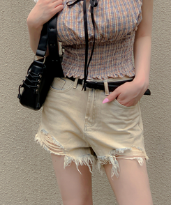 デニム 【ベルト付き】ウォッシングデニムショートパンツ BEIGE