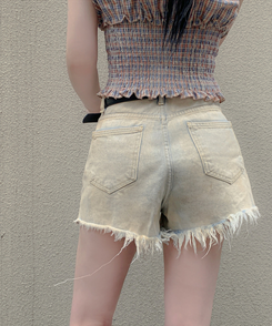 デニム 【ベルト付き】ウォッシングデニムショートパンツ BEIGE