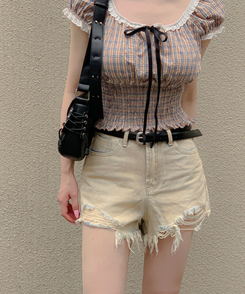 デニム 【ベルト付き】ウォッシングデニムショートパンツ BEIGE