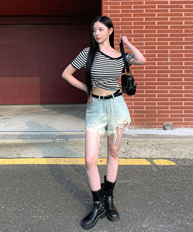 【ベルト付き】ウォッシングデニムショートパンツ BLUE