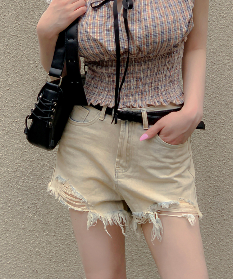 【ベルト付き】ウォッシングデニムショートパンツ BEIGE