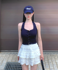 ノースリーブ 【カップ付き】レーススクエアホルターキャミソール NAVY