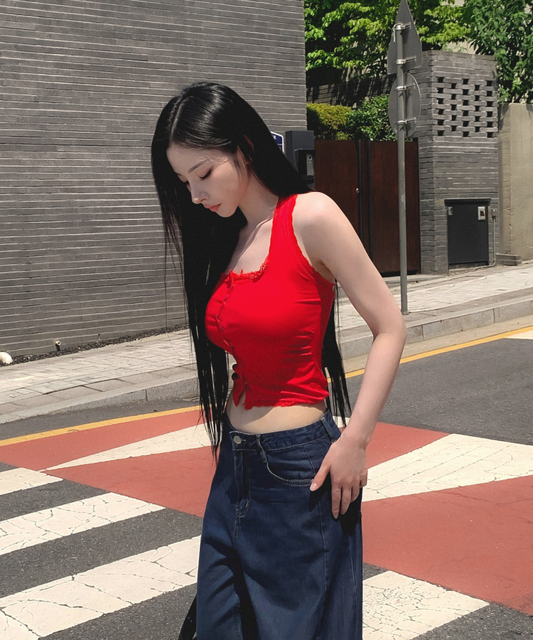 【カップ付き】レーススクエアホルターキャミソール RED