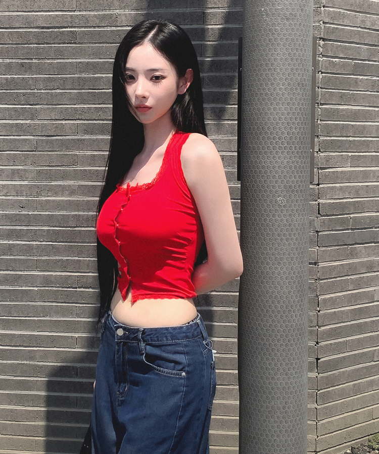 【カップ付き】レーススクエアホルターキャミソール RED