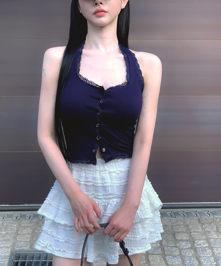 【カップ付き】レーススクエアホルターキャミソール NAVY