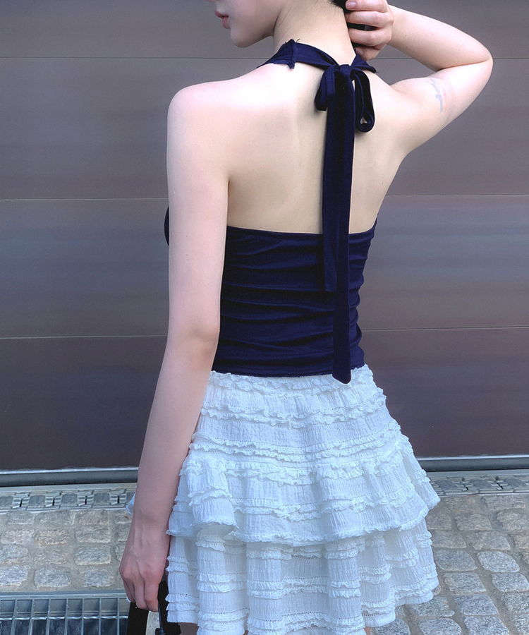【カップ付き】レーススクエアホルターキャミソール NAVY