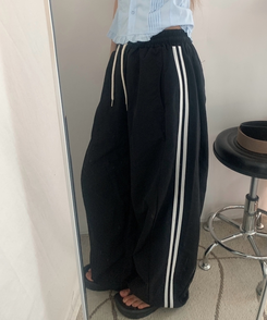 ダブルラインナイロンルーズパンツ(6color) BLACK