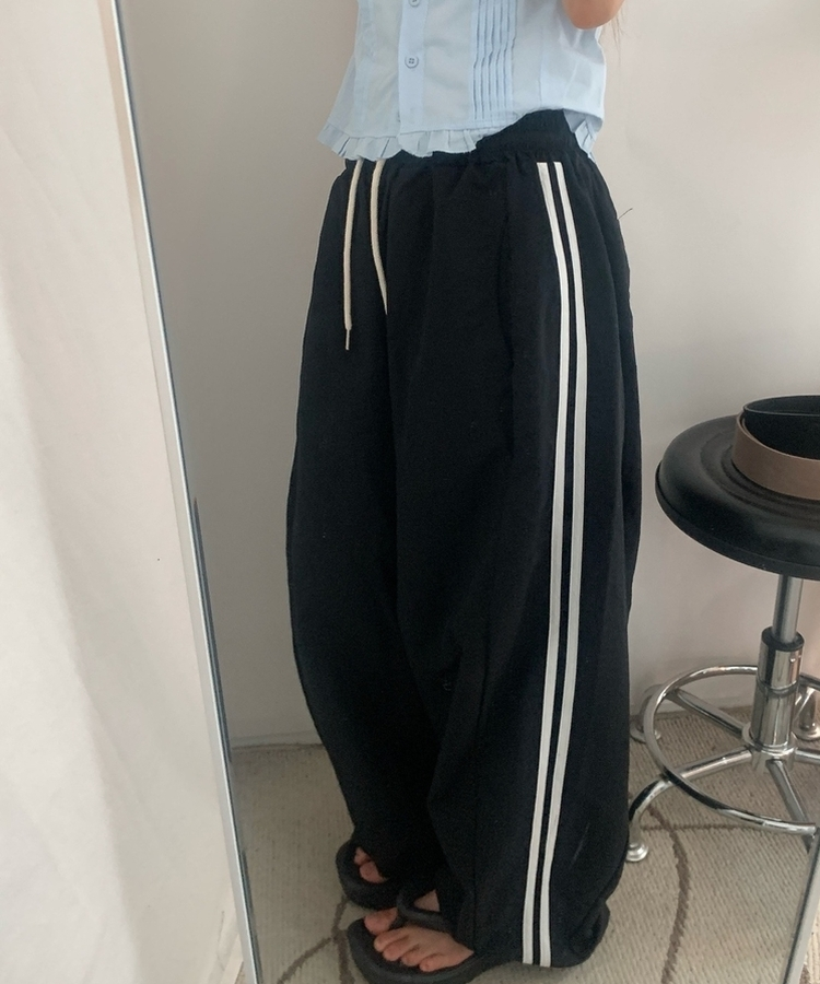 ダブルラインナイロンルーズパンツ(6color) BLACK