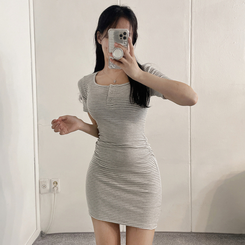 ミニワンピース ストライプシャーリングスパンミニワンピース GRAY
