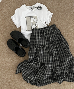 バンディングティアードチェックロングスカート