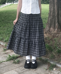 バンディングティアードチェックロングスカート BLACK