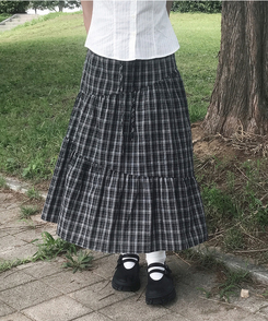 バンディングティアードチェックロングスカート BLACK