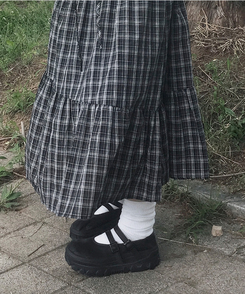 バンディングティアードチェックロングスカート BLACK