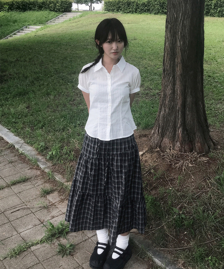 バンディングティアードチェックロングスカート BLACK