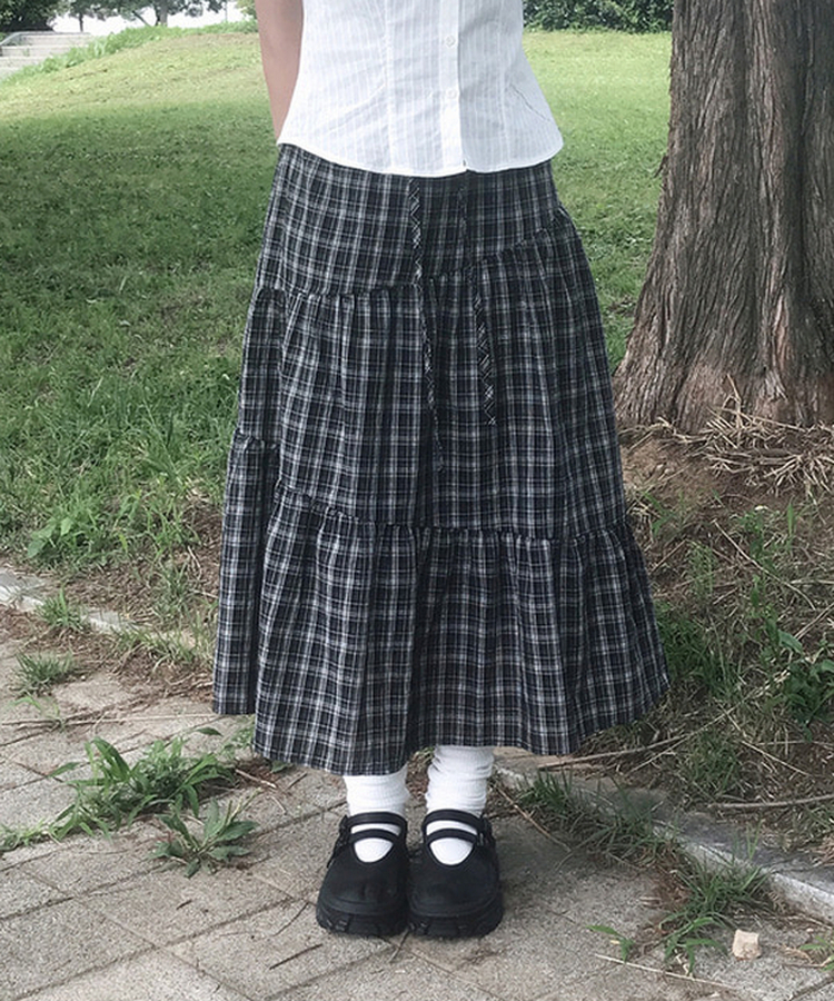 バンディングティアードチェックロングスカート BLACK