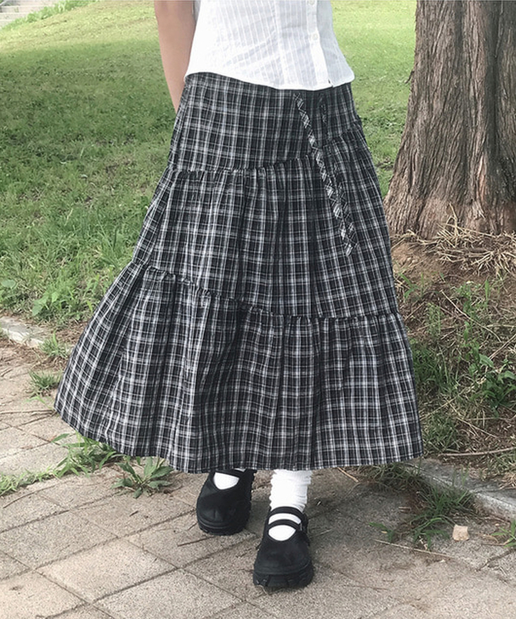 バンディングティアードチェックロングスカート BLACK