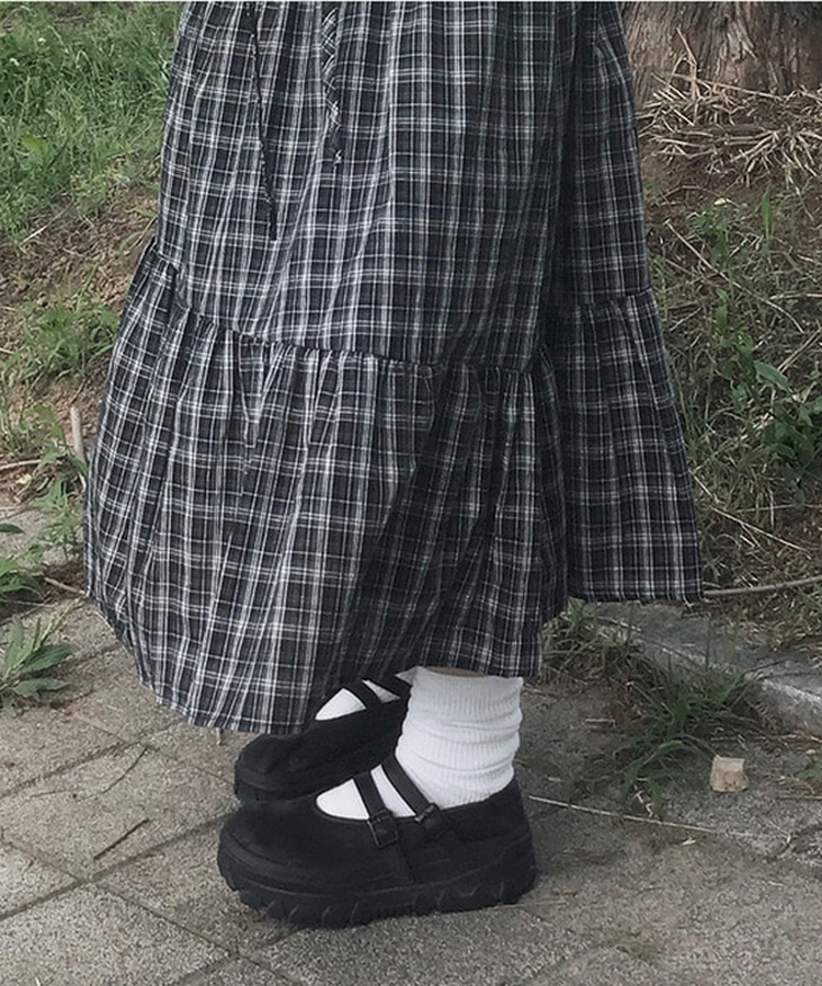 バンディングティアードチェックロングスカート BLACK