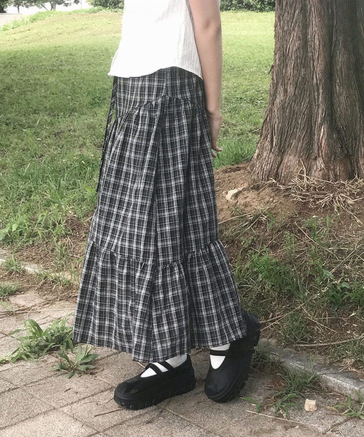 バンディングティアードチェックロングスカート BLACK