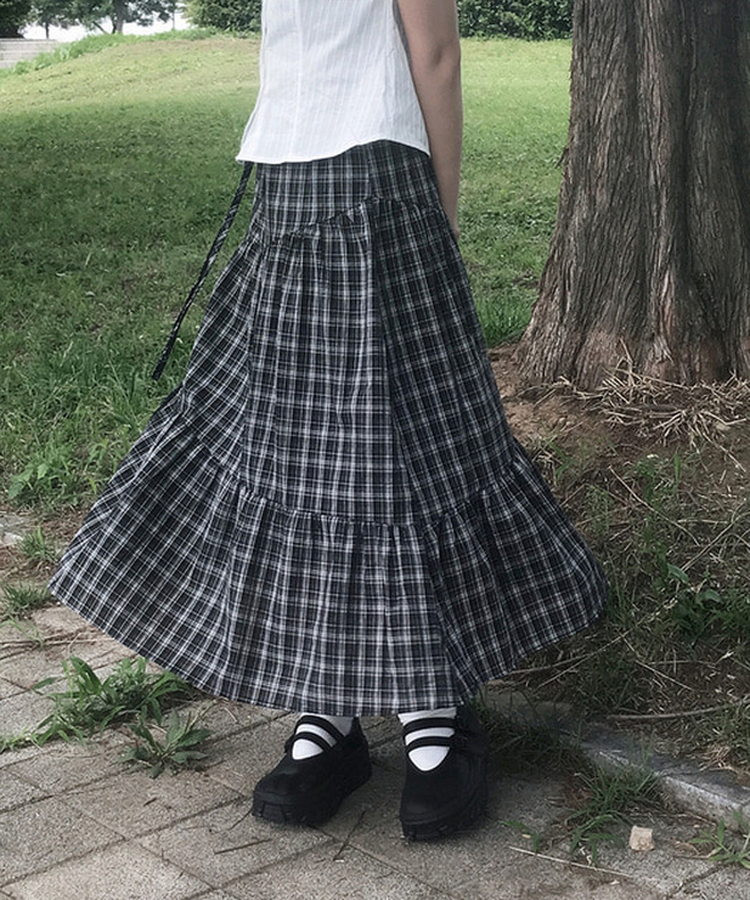 バンディングティアードチェックロングスカート BLACK
